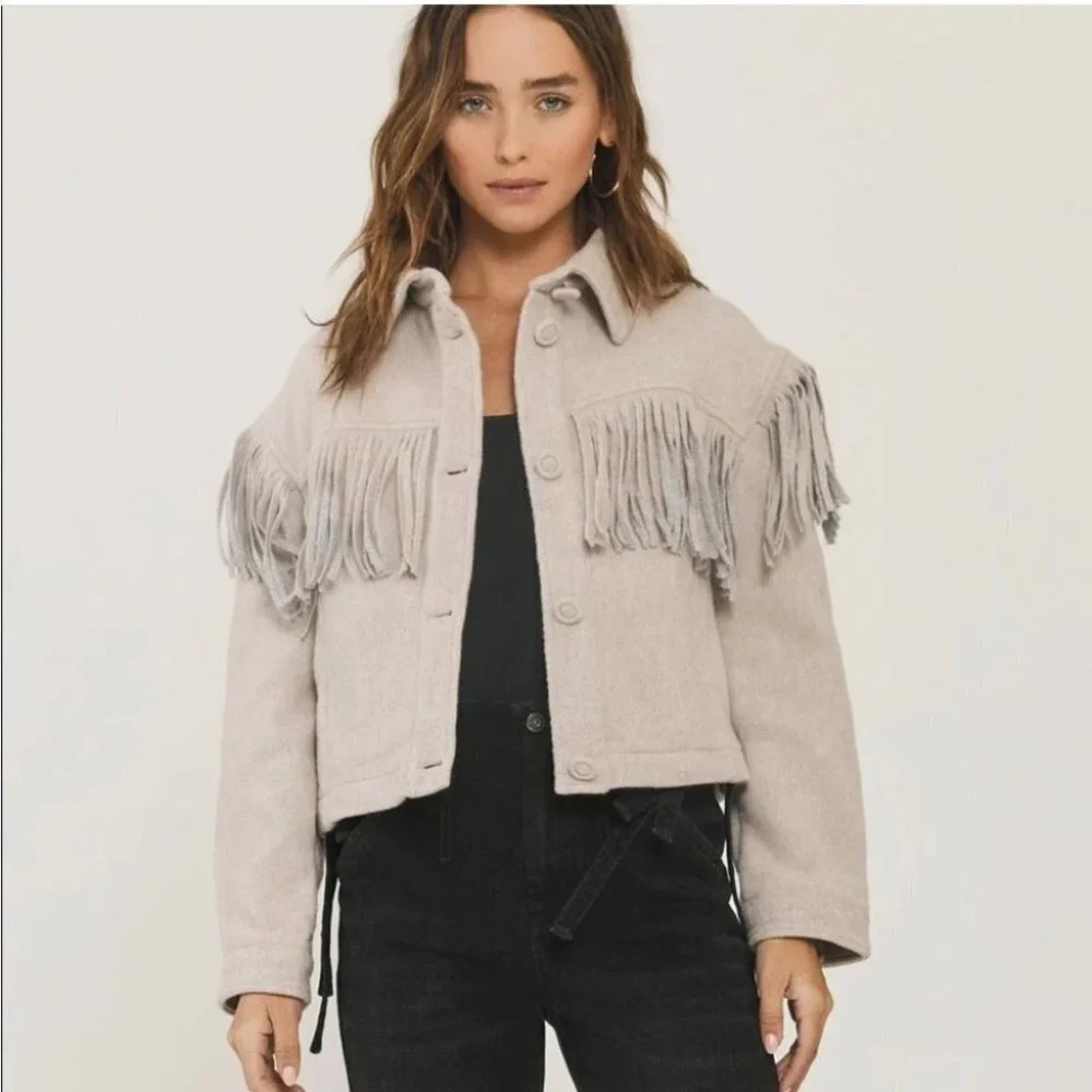 Something Navy Delphine Wool Fringe Jacket Coat‎ S Tan